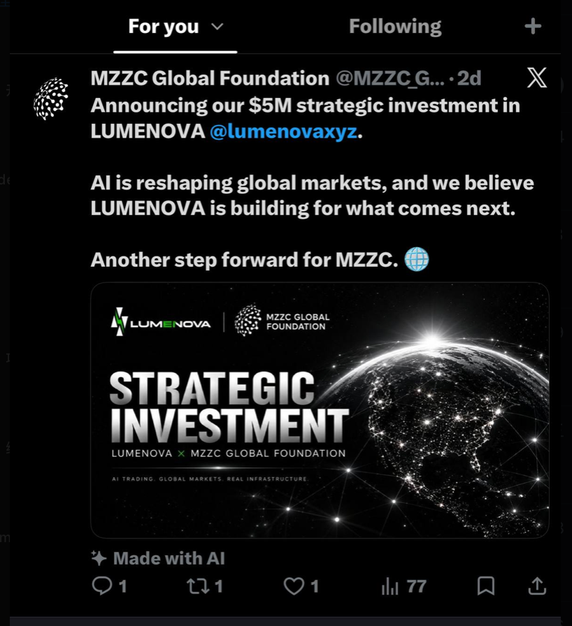 MZZC Global Foundation announcing its $5M strategic investment in LUMENOVA on X